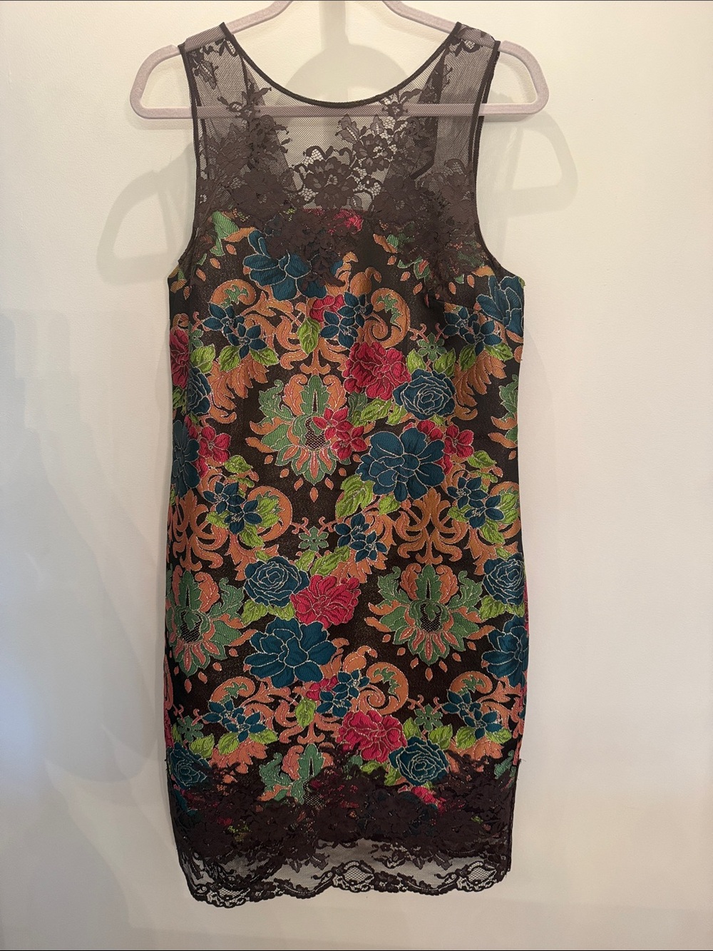 Kay Unger Black Floral Lace-Trim Mini Dress with Blue, Green, Pink, Gold